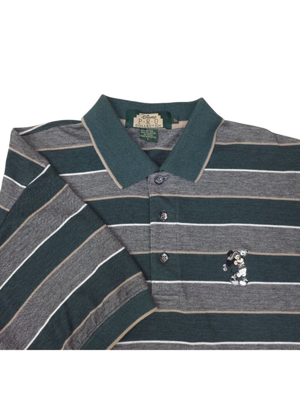 Disney Mickey Mouse Pro Collection Striped Polo Shirt Large Green Gray Striped
